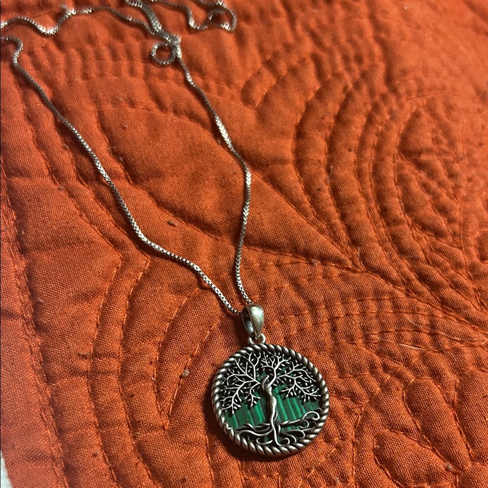 Malachite Tree of Life‎ Necklace in Sterling Silver